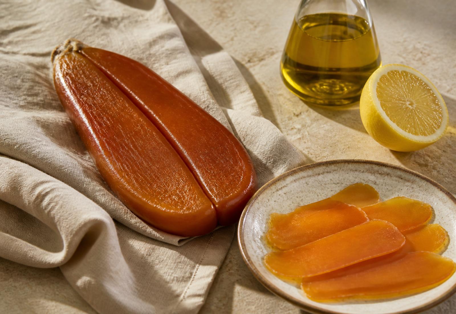 A whole cured bottarga lobe on linen beside a plate of thin bottarga slices, a lemon half and a carafe of olive oil