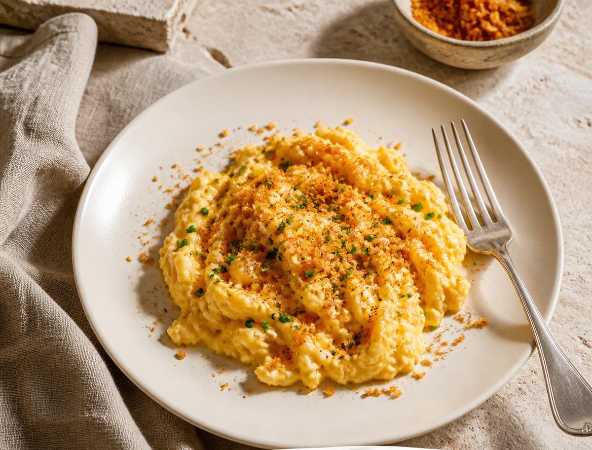 Scrambled eggs on a pale plate finished with grated amber bottarga and chives