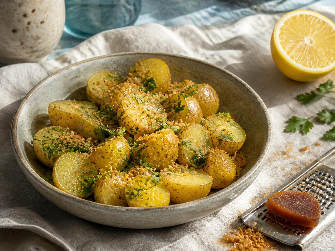 Halved warm new potatoes in a ceramic bowl with olive oil, chopped parsley and grated amber bottarga, a grater and lemon alongside