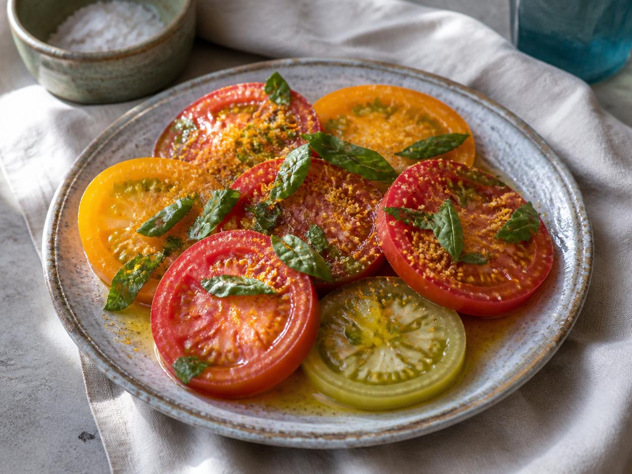 Thick slices of mixed red, yellow and green tomatoes on a ceramic plate with basil, olive oil and grated amber bottarga